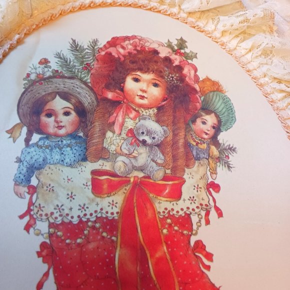 VTG 1988 Giordano Art Satin Lace Oval Framed Dolls in Red Christmas Stocking 15" - Picture 9 of 9